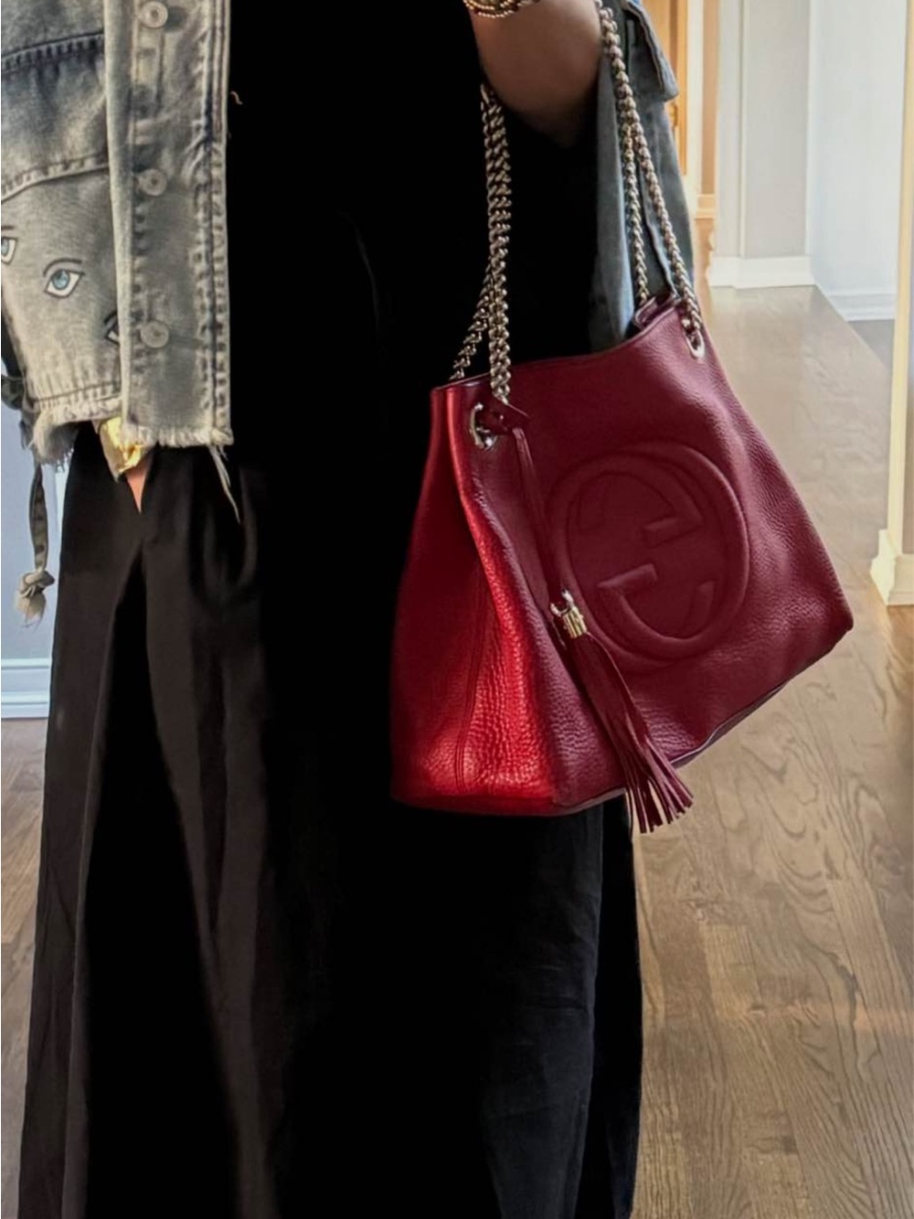 Gucci Burgundy Pebbled Leather Shoulder Bag with Tassel